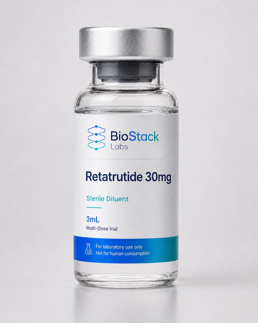 BioStack Labs Retatrutide 30mg branded research peptide vial.